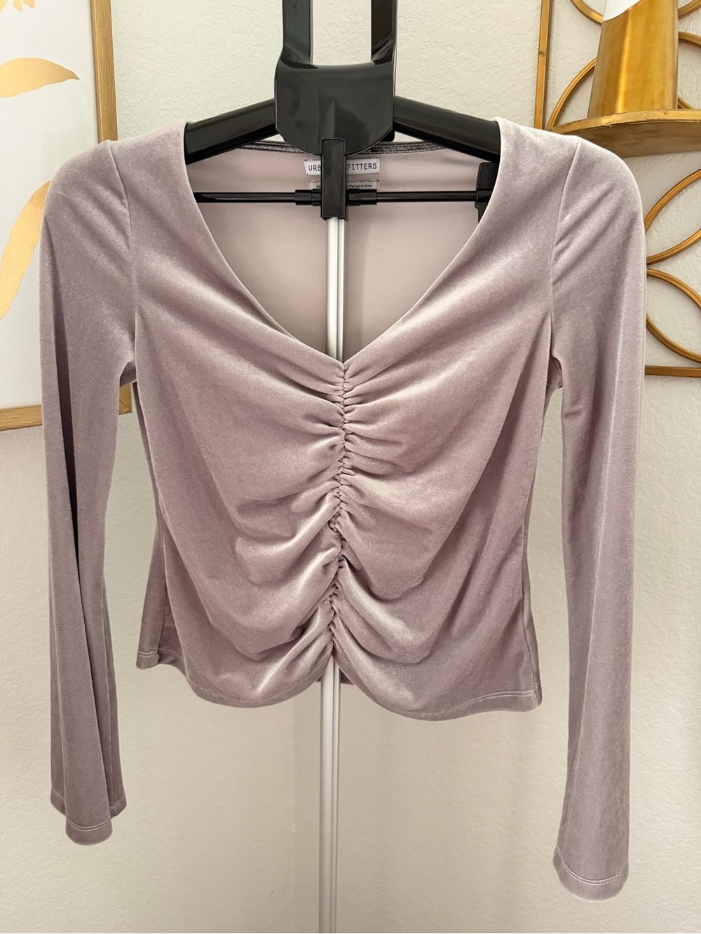 Urban Outfitters Grey Ruched Velvet Long-Sleeve Top ~ Size XS